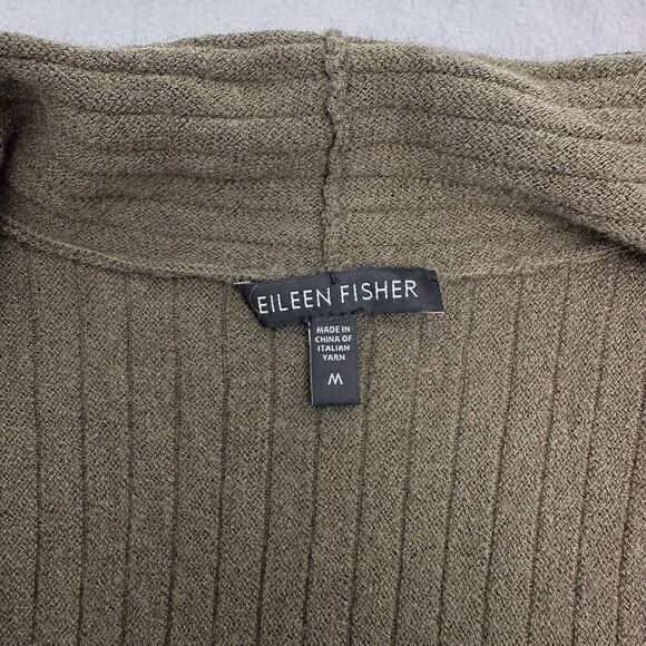 Eileen Fisher Cardigan Sweater Medium Wool Knit Open Front Olive Ribbed Pleated - Picture 6 of 10